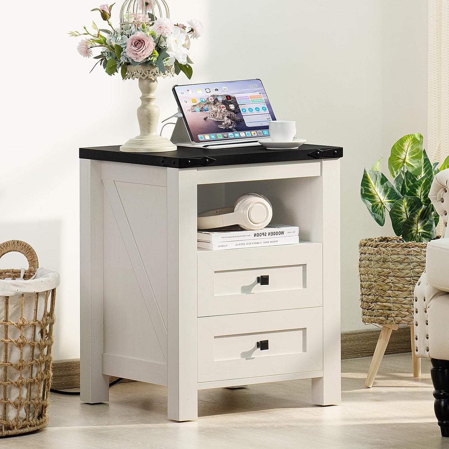 Nightstand with Charging Station and USB Port, Farmhouse Side End Table with 2 Drawers and Open Shelf, Wood Rustic Sofa Table, Bedside Cabinet for Bedroom, Living Room, Closet, Office (White)