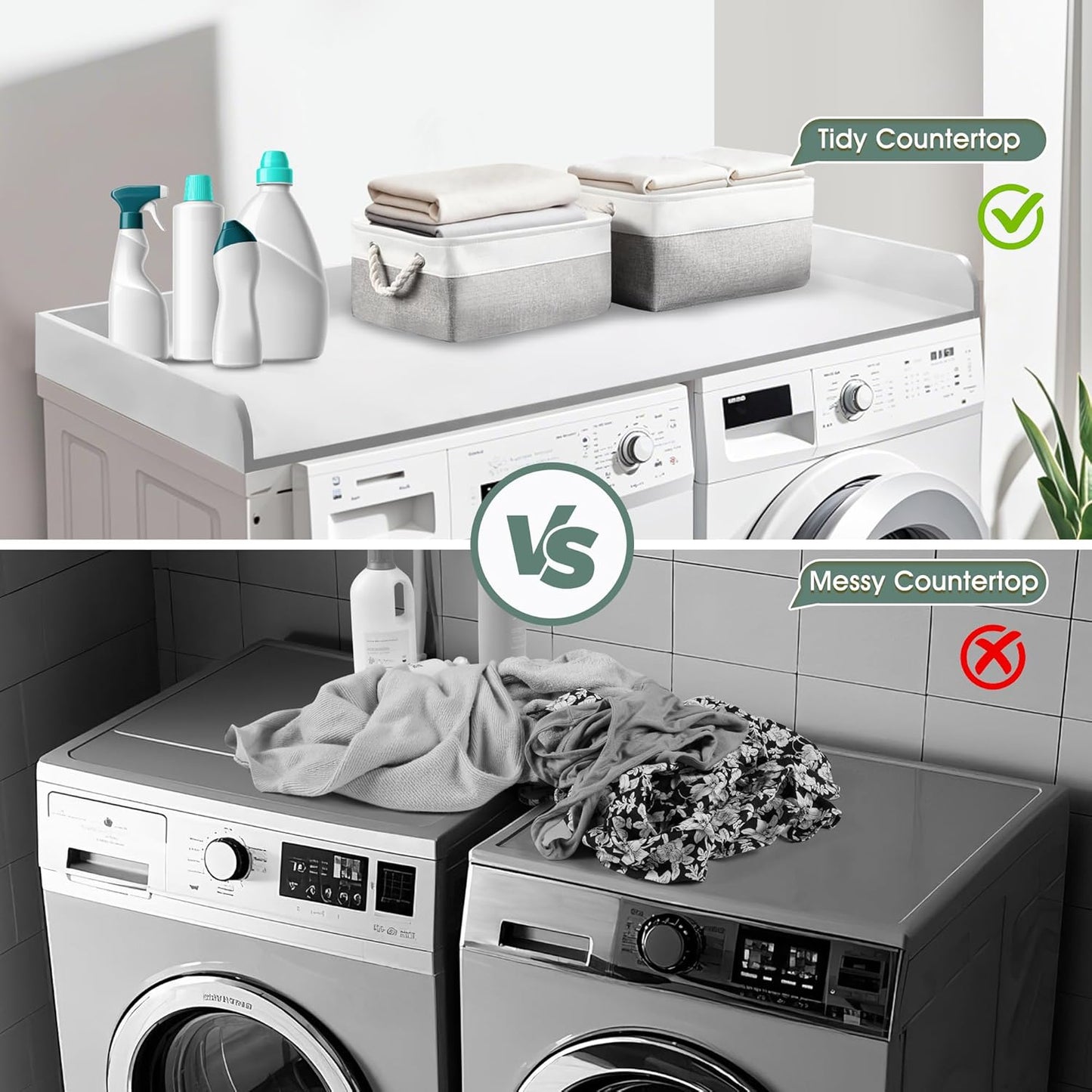 Washer Dryer Countertop with 2 Pack Storage Baskets, Wood Washer and Dryer Countertop with Non-Slip Pads/Edge Rails for Laundry Room Storage and Organization, 27.5" W x 54" L(White)
