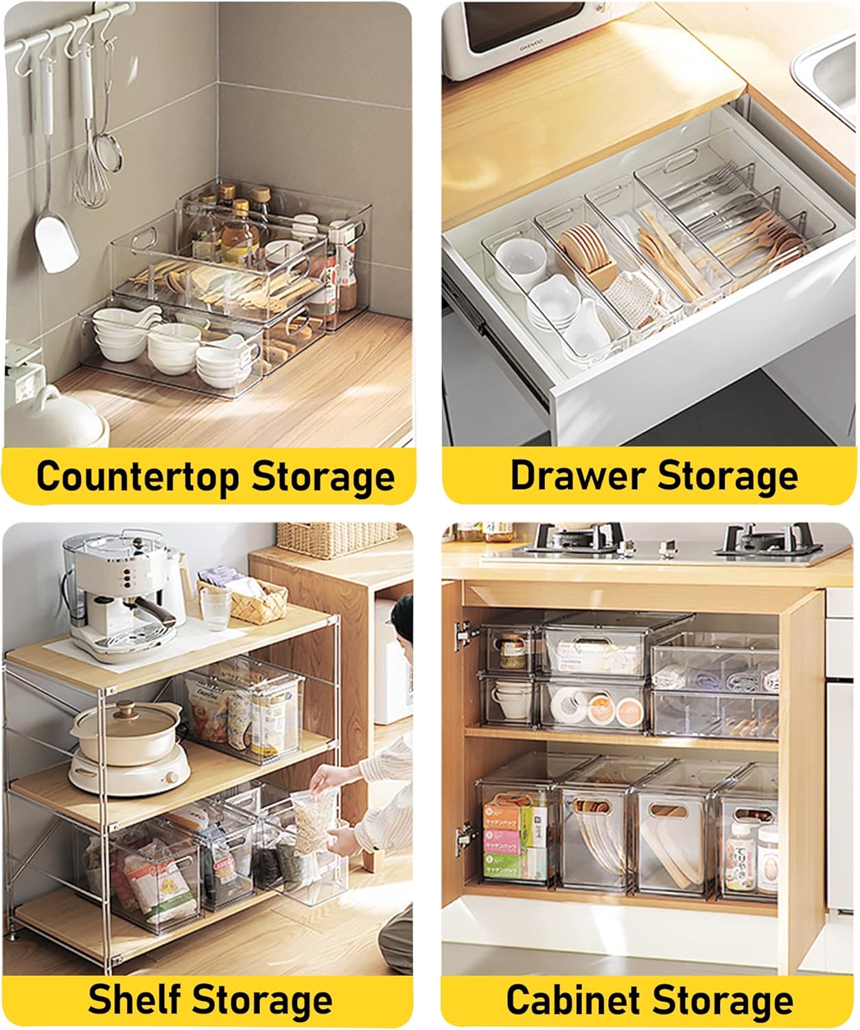 4 Pack Refrigerator Organizer Bins with Pull-out Drawer Stackable Clear Fridge Drawer Organizer Fruit Vegetable Storage Containers for Kitchen Pantry Organization (2 Large+2 Small)