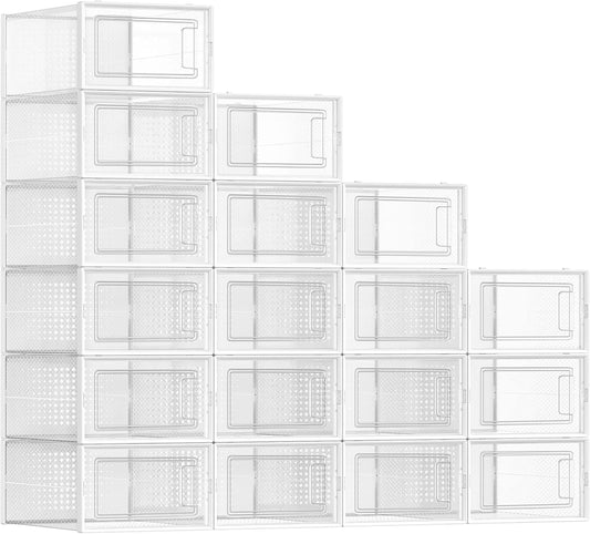 SONGMICS Shoe Boxes, Pack of 18 Shoe Storage Organizers, Stackable Clear Plastic Boxes for Closet, Sneakers, 13.1 x 9.1 x 5.6 Inches, Transparent and White ULSP18SWT