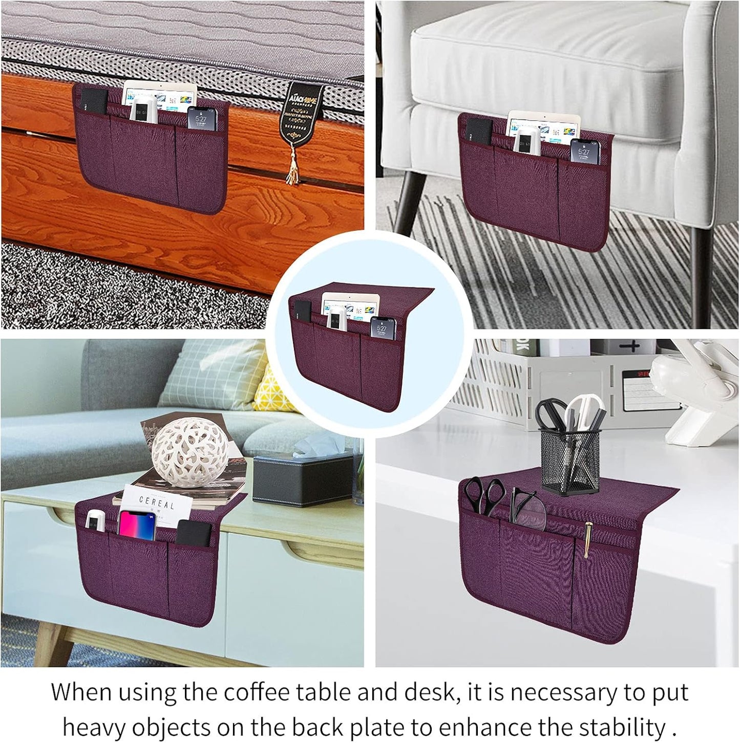 Bedside Caddy Bedside Storage Organizer Magazine Phone Tablet iPad Remote Holder, Organizer Caddy for Home College Dorm Bed, Sofa, Bunk Bed (Purple)