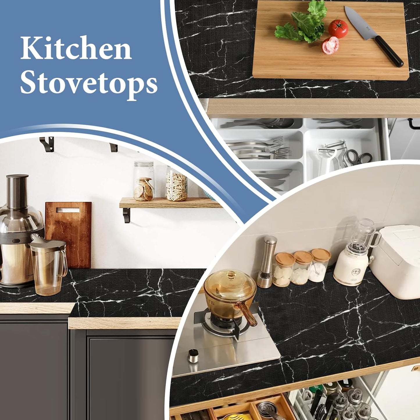 Drawer and Shelf Liner for Kitchen Cabinet: 17 in X 30 Ft Non Slip Waterproof Shelf Paper Non Adhesive Refrigerator Liners Black Marble Easy Liners for Bathroom with Knife Tape Measure