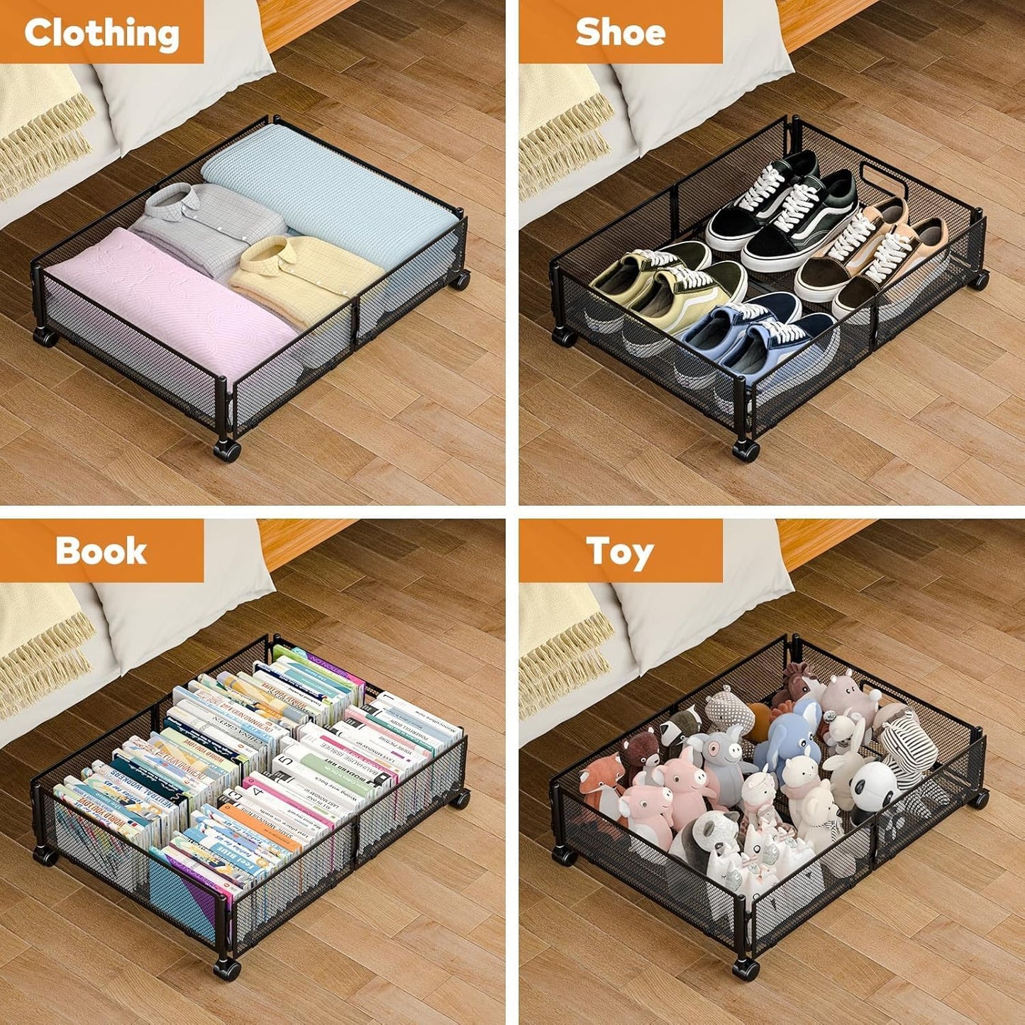Under Bed Storage with Wheels, Rolling Under Bed Storage Bins for Shoes Clothes, Foldable and Easy Mobility (4 Pack, Black)