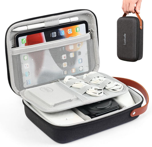 Luxtude Tech Organizer Travel Case, Portable Electronics Organizers, Hard Case for Electronics, Black Tech Bag, Charger Cases, Carrying Cases for iPad Mini (Up to 7.9’’), Mouse