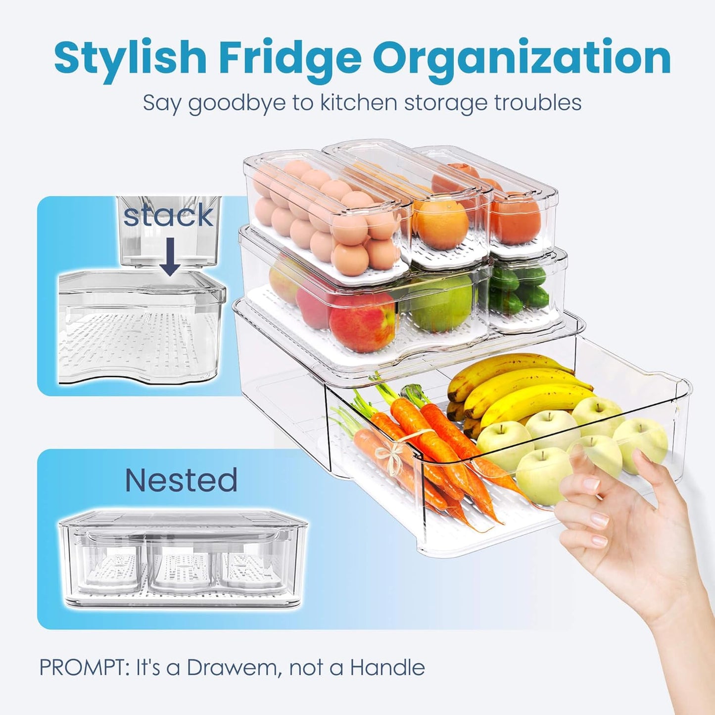 8 Pack Refrigerator Organizers, Clear Pull-out Drawer Container and Organizer Bins with Lids, Stackable Storage Containers for Fruits, Vegetable (Set of 6 (Include Pull-out Drawer))