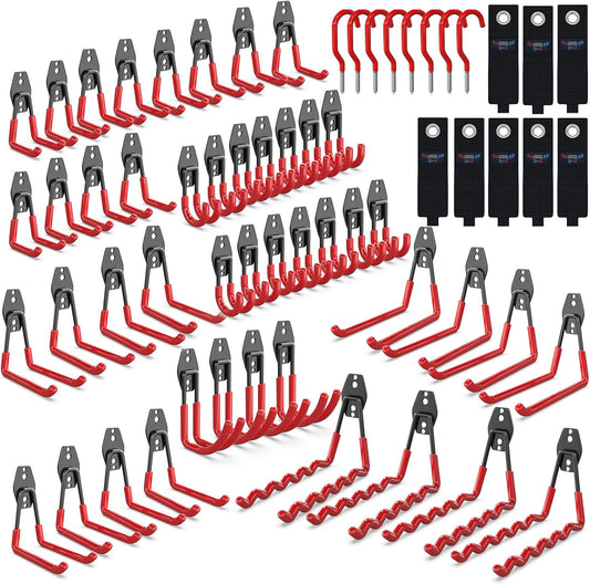 3-H Garage Wall Hooks 62 Pack, Heavy Duty Garage Hooks with Extra Welding Spots, Wall Mount Storage Organizer for Hanging Garden Lawn Tools, Ladder, Bike, WeedEater, Chair, Shovel, Blower (Red)