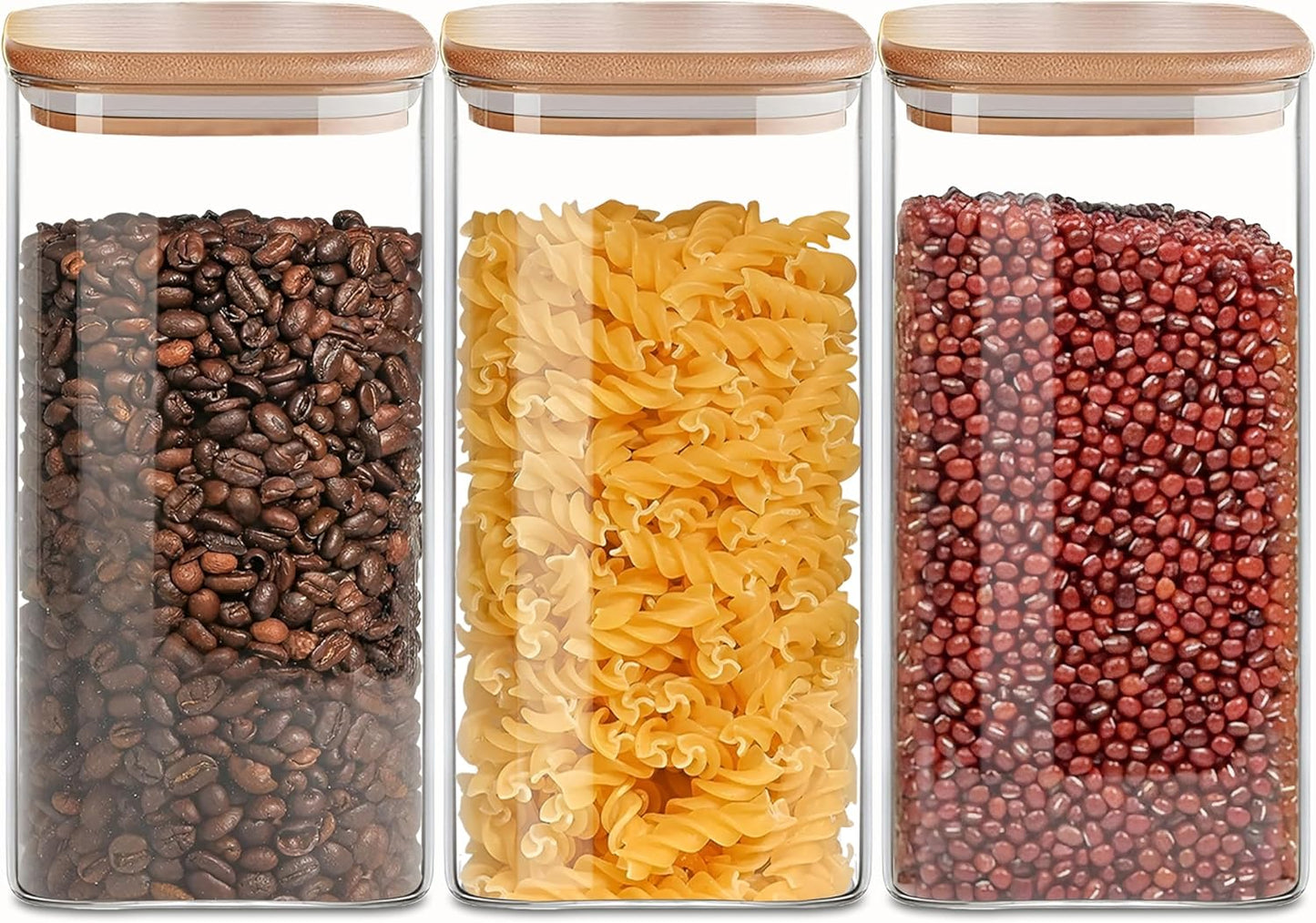 1.6 Qt Square Glass Storage Containers with Lids, Clear Food Storage Container Jar with Sealing Bamboo Lid for Noodles Flour Cereal Rice Sugar Tea Coffee Beans,Square Set of 3