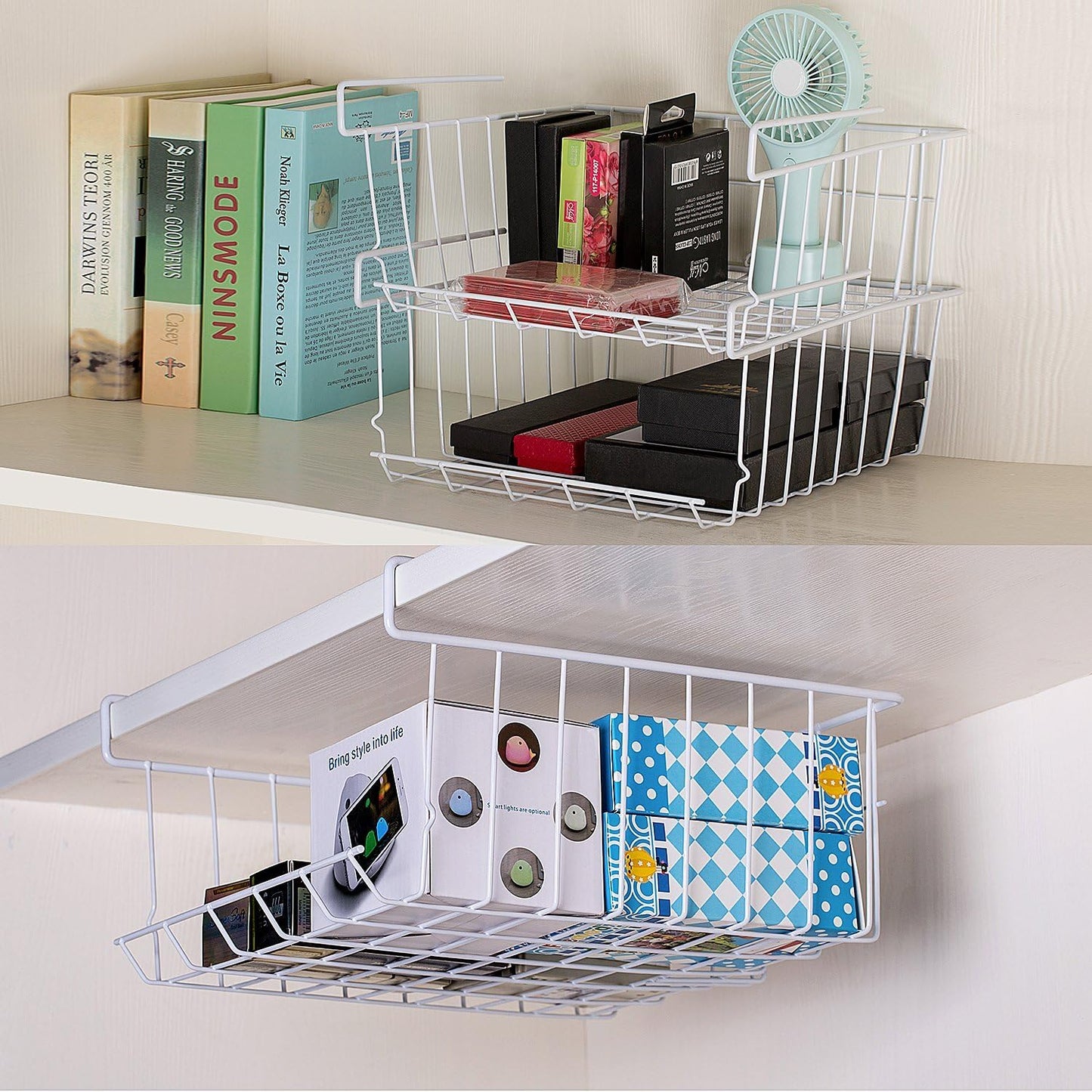 Under Shelf Storage Basket, 2-Pack Under Shelf Hanging Metal Wire Storage Basket Organizer for Kitchen, Office, Pantry, Bathroom, Cabinet, White