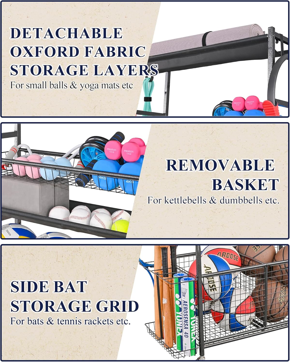 Mythinglogic Sports Equipment Garage Organizer,Garage Ball Storage for Sports Gear and Toys, Rolling Ball Cart with Wheels for Indoor/Outdoor Use