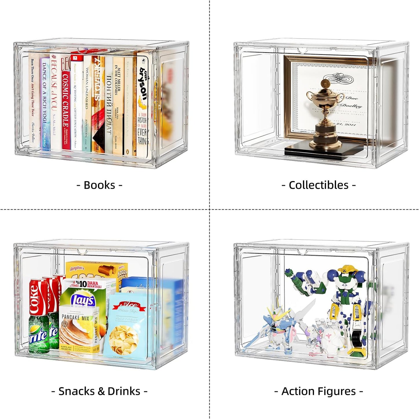 Clear Display Case for Collectibles, Purse Organizer for Closet, Handbag Storage Organizer 5 Pack Stackable Storage Boxes with Magnetic Lid for Shoes, Books, Purse, White