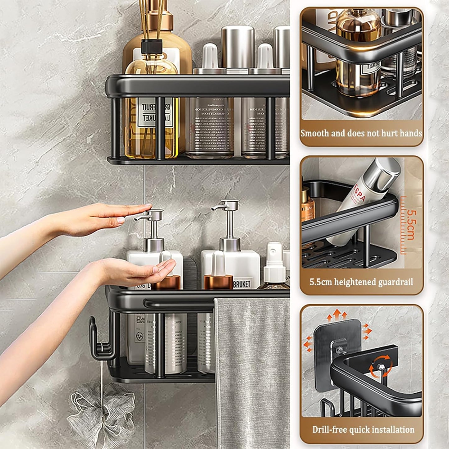 Shower Caddy Adhesive 2Pack with Hooks and Rod for Towels Silver-Premium Bathroom Shower Shelves Shampoo Organizer Rack Storage Bathtub Shelf Rustproof Easy Installation Sturdy Build Sleek Modern Look
