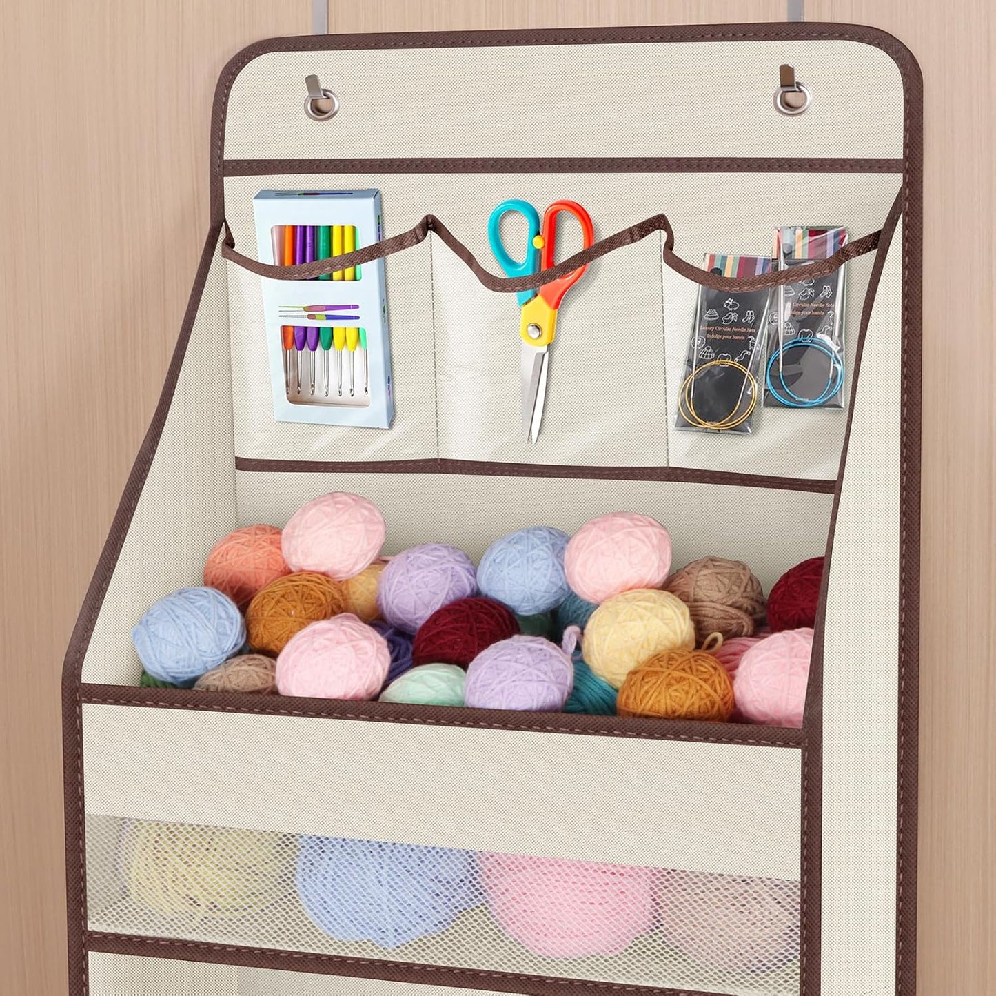 Univivi 5-Shelf Fabric Door Storage Over Door Hanging Organizer with 4 Large Pockets and 3 Small PVC Pockets Nursery Closet Cabinet Wall Mount Hanging Storage Organizers for Baby Nursery (Beige)