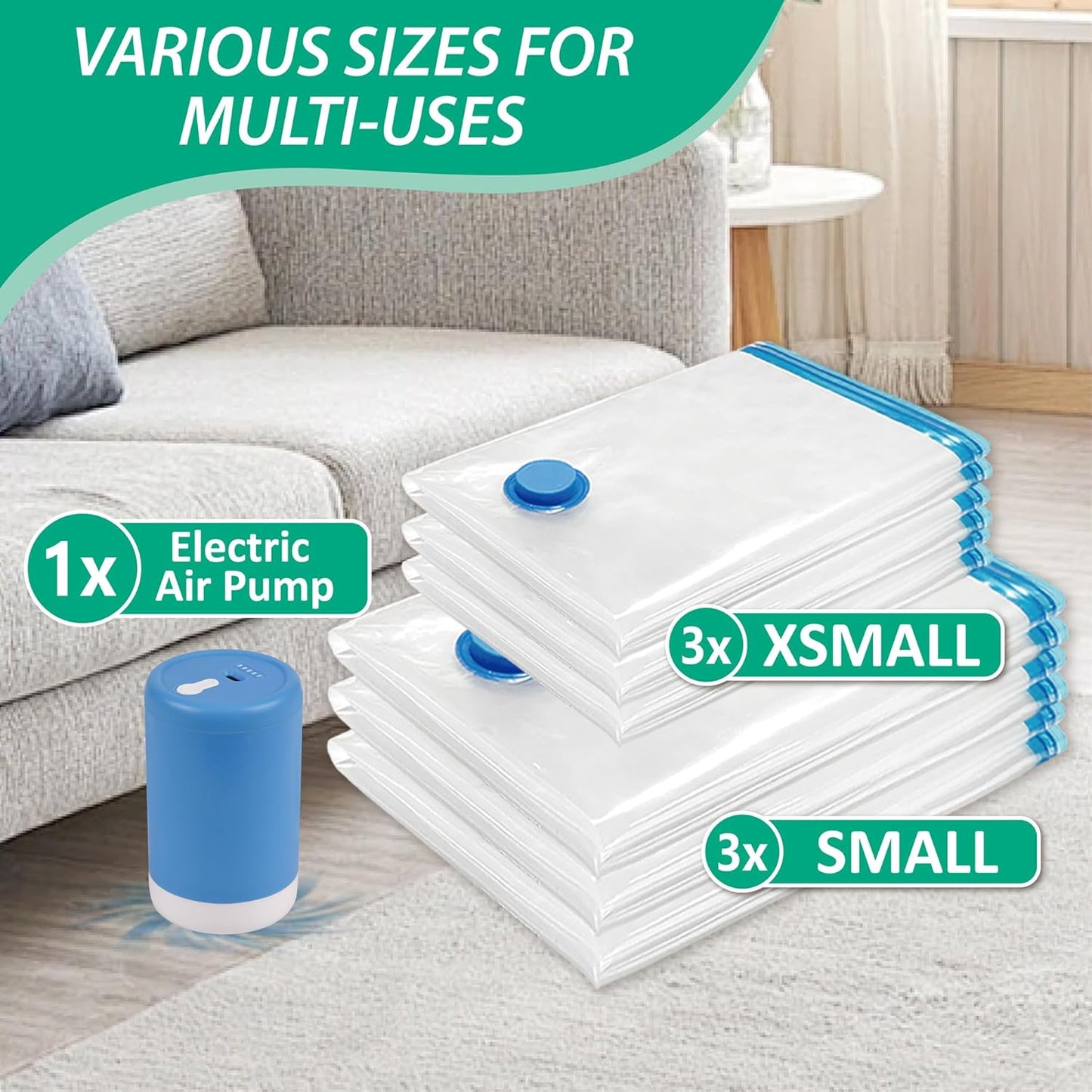 6 Pack Travel Vacuum Storage Bags with Rechargeable Wireless Electric Pump for Luggage, Suitcase, Carry-on Size Vacuum Seal Compression Space Saver Bags for Clothes and Clothing Travel