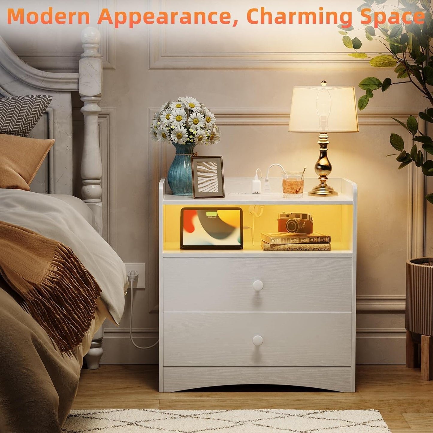 2 Pack Nightstand with Charging Station and LED Light, Modern Nightstand with USB Ports and Outlets, Wood Bedside Table with 2 Storage Drawers, Small Dresser for Bedroom Small Space, White