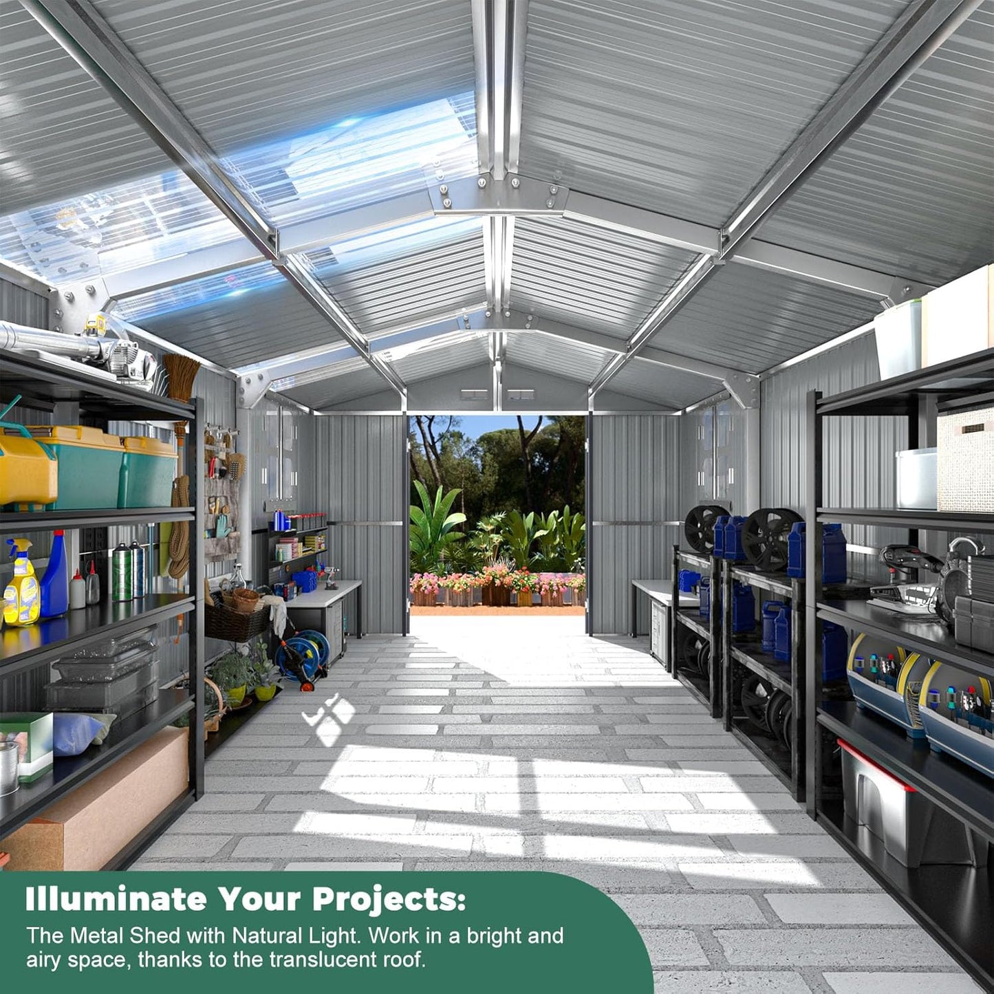 Metal Shed 10x16 FT Big with Heavy-Duty Reinforced Steel Frame and Customizable Skylight, Lockable Doors, 4-Pane Windows,Large Outdoor Storage for Garden, Tools, and Utility