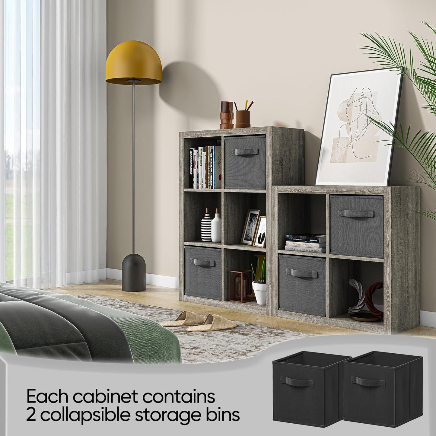furtble Bookshelf with Storage Bins, 12-Cube Storage Organizer, Modern Wood Open Bookcase, Multifunctional Display Shelf for Living Room, Bedroom, Home Office, Gray Oak
