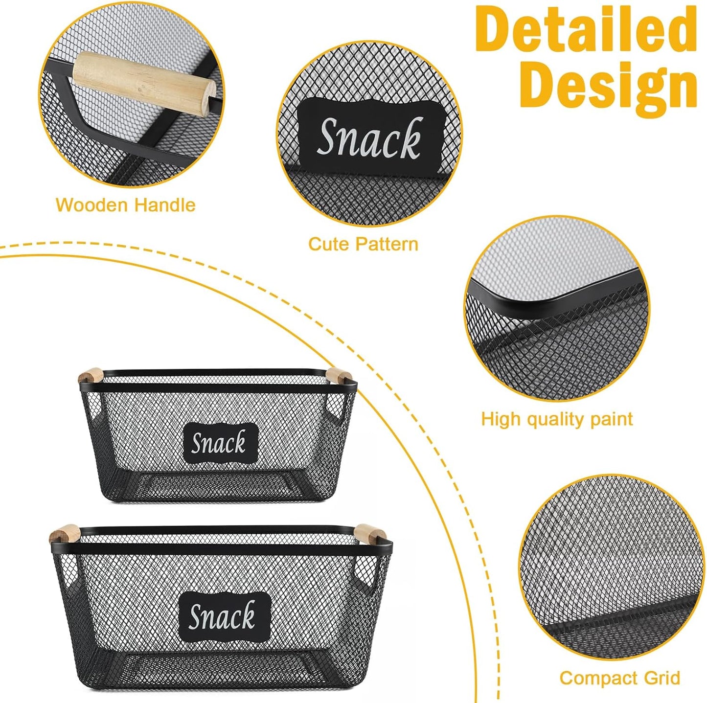 Snack Organizer for Pantry Shelf, 2 Pack Metal Mesh Snack Basket Storage with Wooden Handles, Snack Bin for Snack Bar Station, Kitchen Cabinet Pantry Organizers and Storage