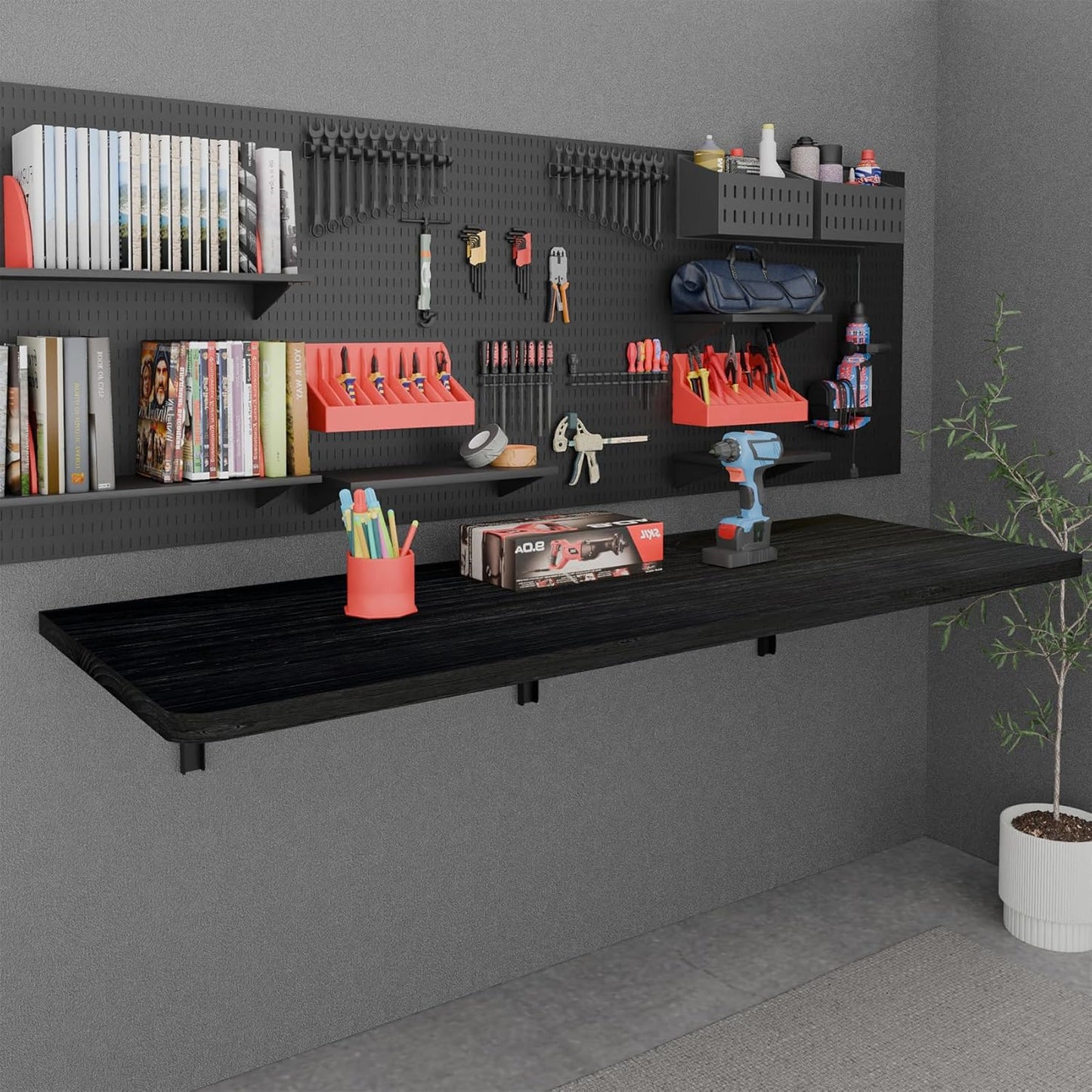 IAE Floating Wall Mounted Folding Table Desk with Pine Wood,60" x 22" Foldable Workbench,Fold Down Wall Mounted Foldable Desk with Shelf Brackets,Laundry Folding Table for Home,Dining,Kitchen,Black