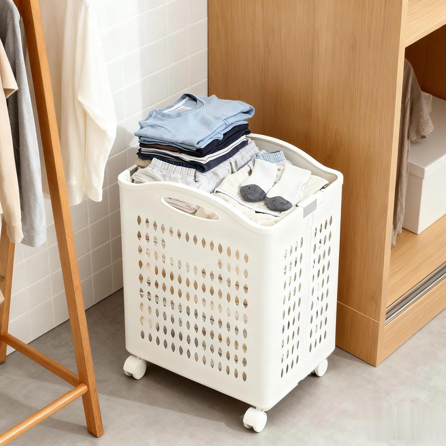 Rolling Laundry Hamper with Wheels White Plastic Storage Bin with Handles, 14W×11D×21H Large Capacity for Small Spaces, Bedroom & Bathroom