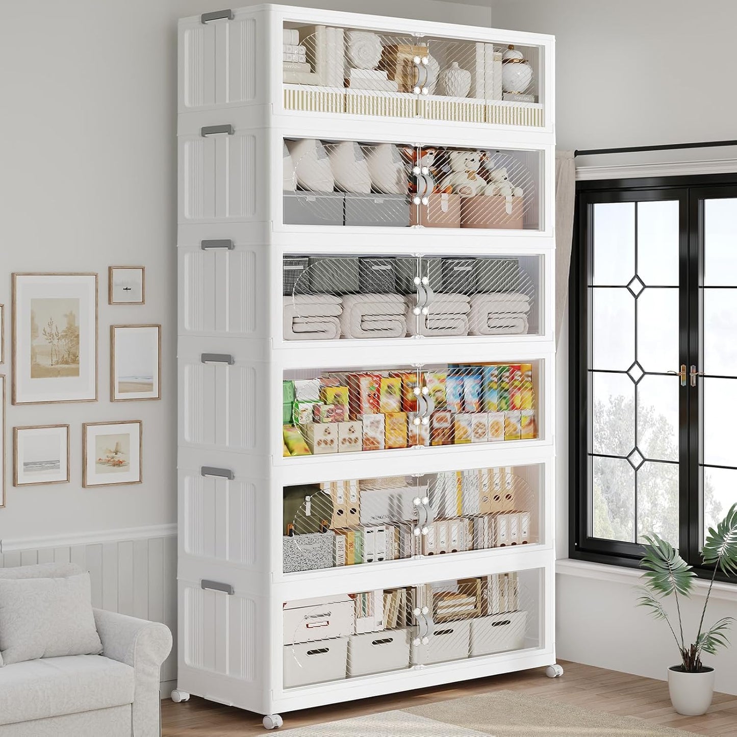960QT Extra Large Stackable Storage Bins with Lid & Wheels & Doors, 240Gal Foldable Collapsible Closet Organizers, Plastic Cabinet Box Container Drawer for Home Kitchen Bedroom, 6Pack White