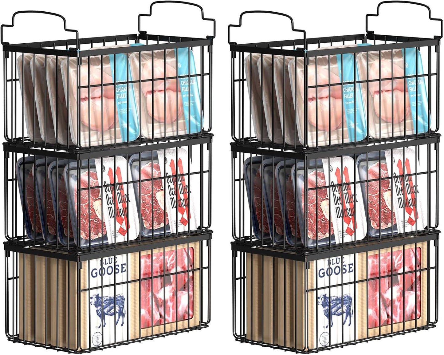 Freezer Organizer Bins, 6 Pack Stackable Deep Chest Freezer Organizer Bins, Foldable Baskets with Handles, Black Storage Container Baskets for 5/ 7 Cu.FT Deep Freezer Sort Frozen Meats