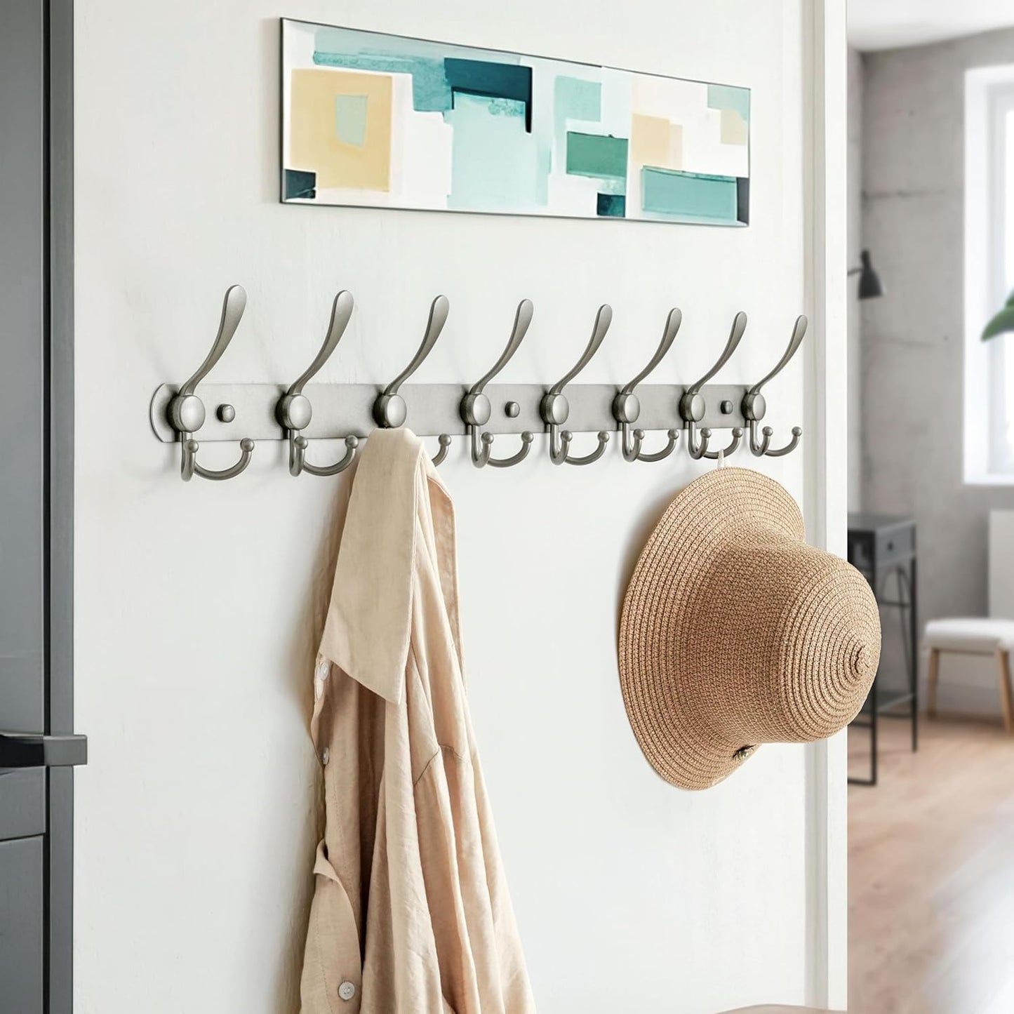 Dseap Coat Rack Wall Mount - 29.5” Long 8-Tri-Hooks Heavy Duty Coat Hanger Rail Wall Hooks for Hanging Coats Hats Clothing Clothes Purse Mudroom Entryway, Gray
