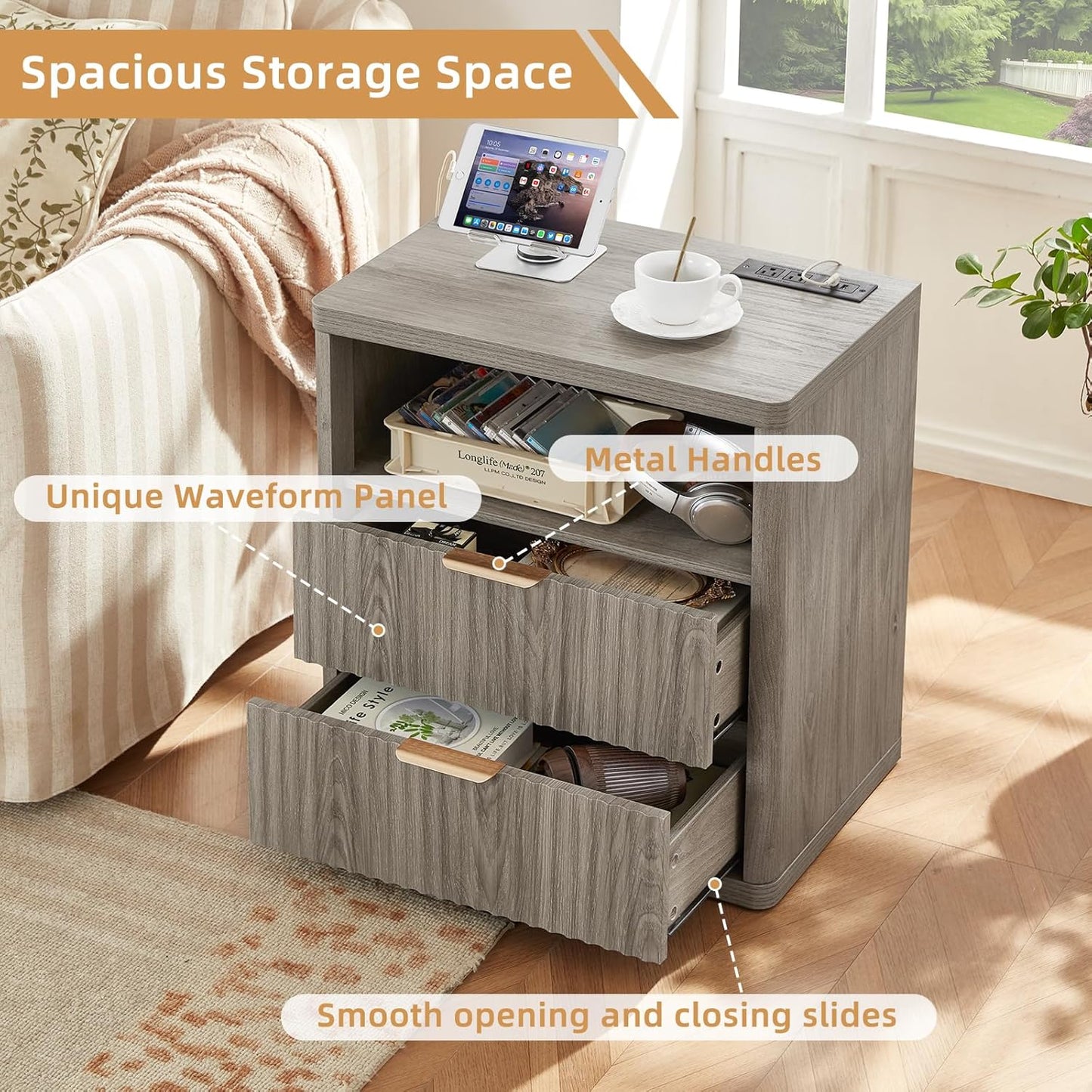 LEYAOYAO Fluted Nightstand with Charging Station, 23" Wide 2 Drawers End Table,Grey Night Stand with Open Storage Cabinet, Farmhouse Bed Side Tables, Wood Dresser for Bedroom, Living Room, Closet
