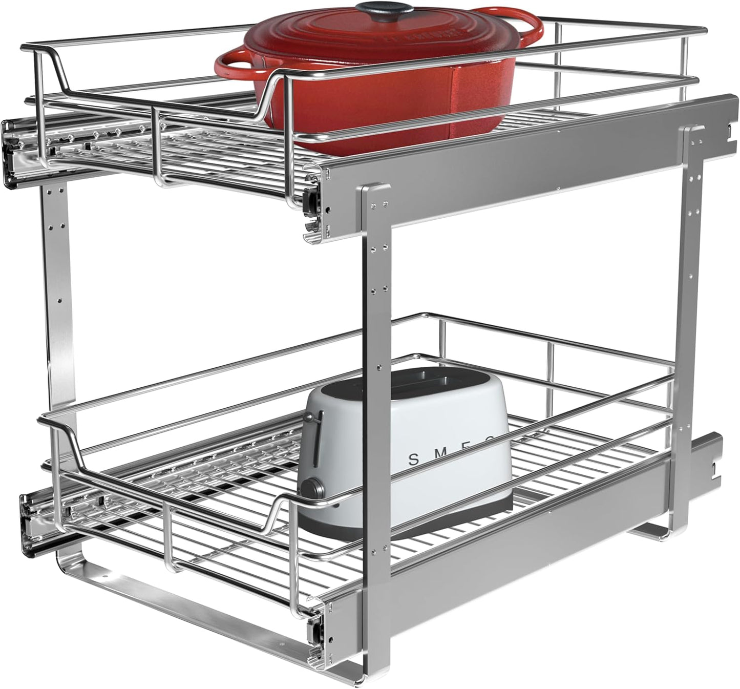 2 Tier Pull Out Cabinet Organizer (11" W x 22" D), Roll Out Shelves and Drawer for Kitchen Pantry Storage Basket, Heavy-Duty Metal Sliding Shelf