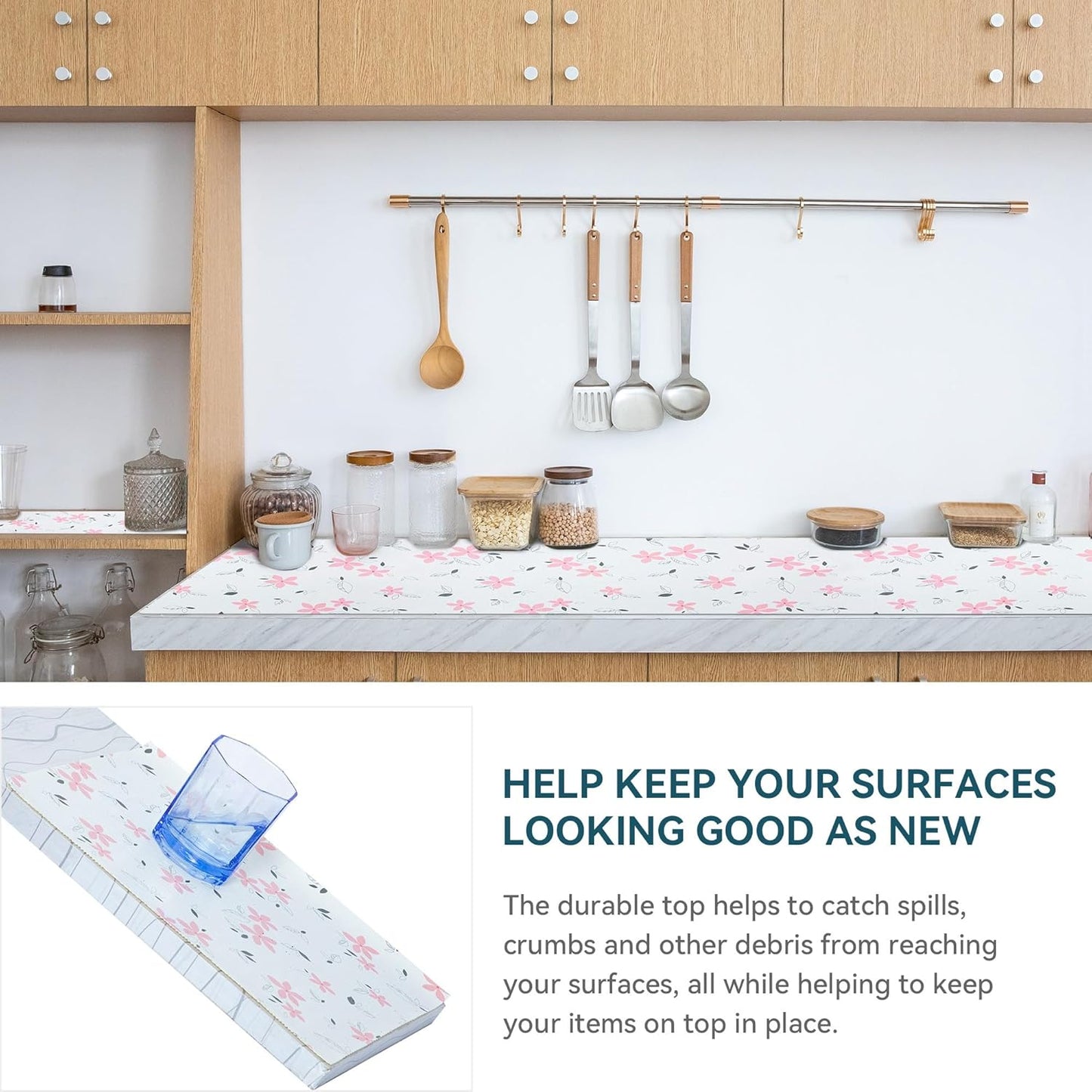 18" W x 96" L Floral Drawer and Shelf Liner for Cabinets, Non-Adhesive Strong Grip Non-Slip Flower Shelf Cabinet Kitchen Shelf Liners for Kitchen Cabinets