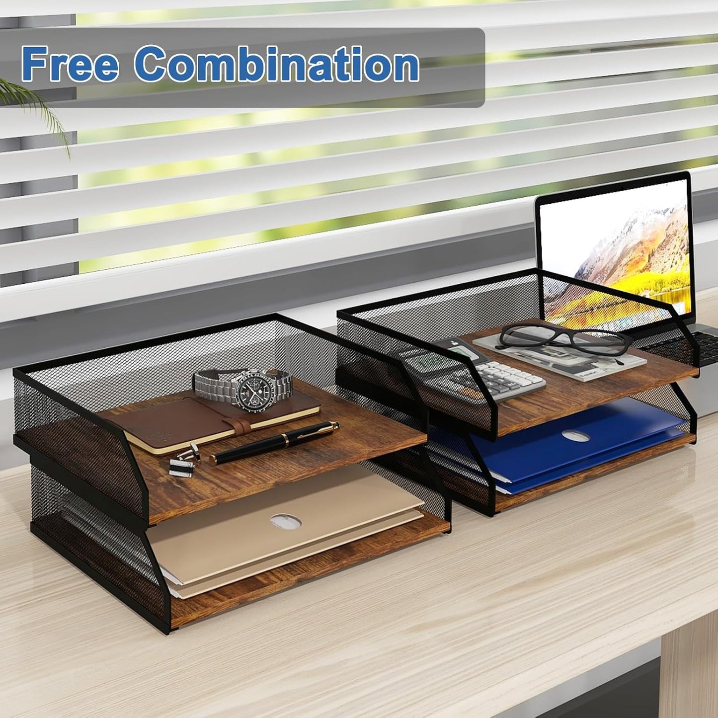 Natwind 4-Tier Stackable Paper Tray, Metal Mesh Desktop Organizer, Paper Sorter, Letter Trays,File Document Storage Rack for for Home, Office, School (Retro)