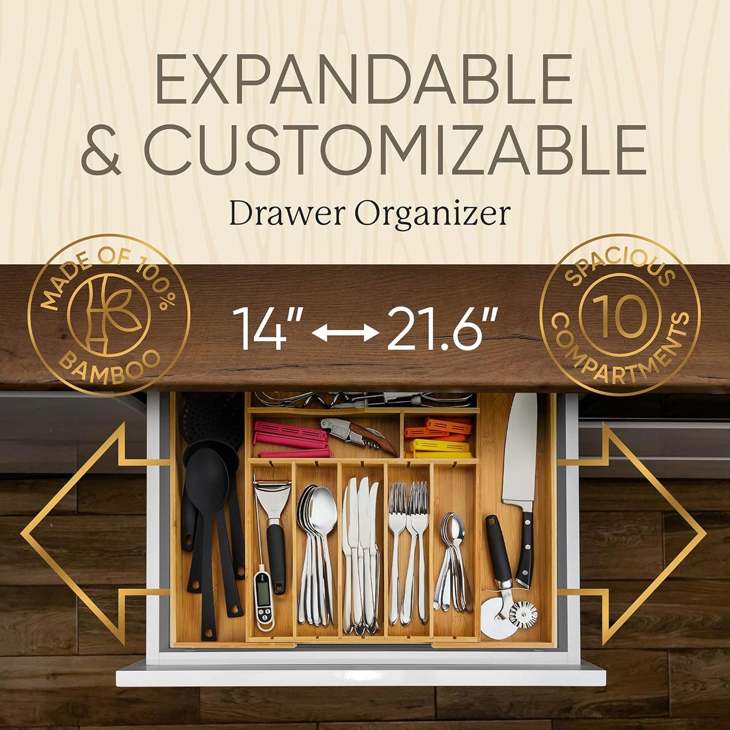 Night Tree Deep Bamboo Drawer Organizer – Expandable Utensil and Silverware Tray for Kitchen Cutlery and Flatware, Large Size (21.6" or 13.7" x 17" x 2.5")