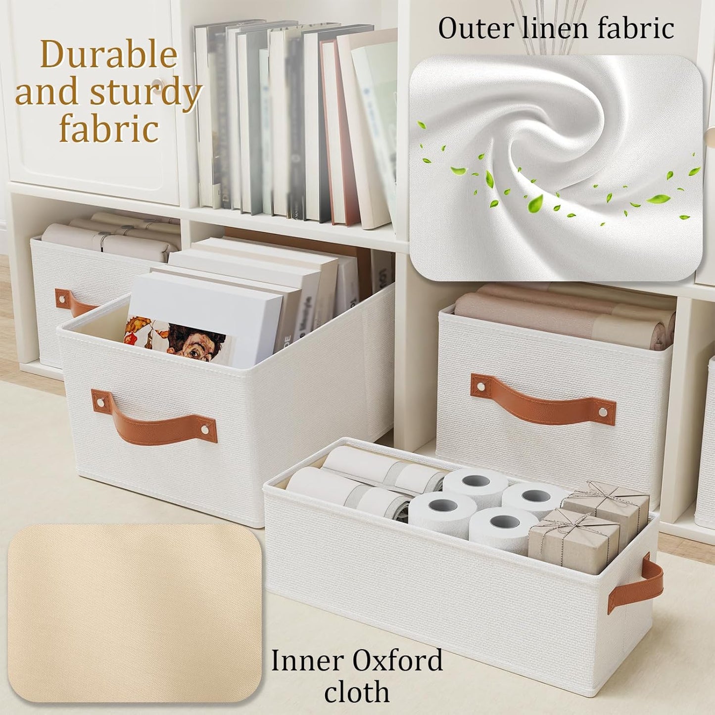 OUTBROS Storage Boxes, Fabric Bins With Handles, Foldable Baskets for Organizing, For bedrooms, living rooms, Shelves, White, 15 x 6.1 x 5.1 inch, 6-Pack