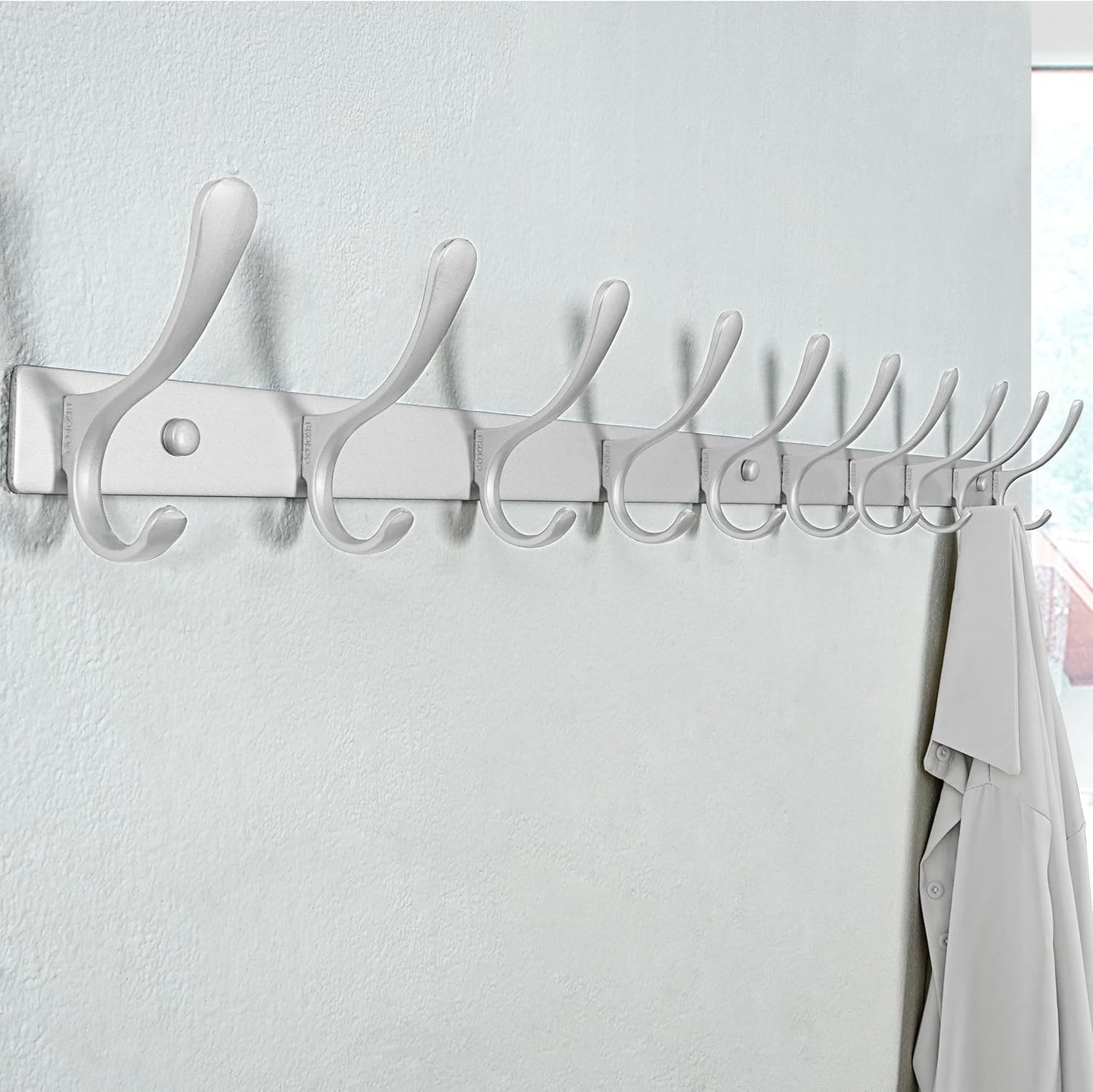 SKOLOO Coat Rack Wall Mounted - 10 Hooks, Pack of 2, Heavy Duty, Stainless Steel, Metal Wall Hangers, Sturdy Coat Hooks for Hanging Coats, Jacket, Clothes, Hat, Cold Light Silver
