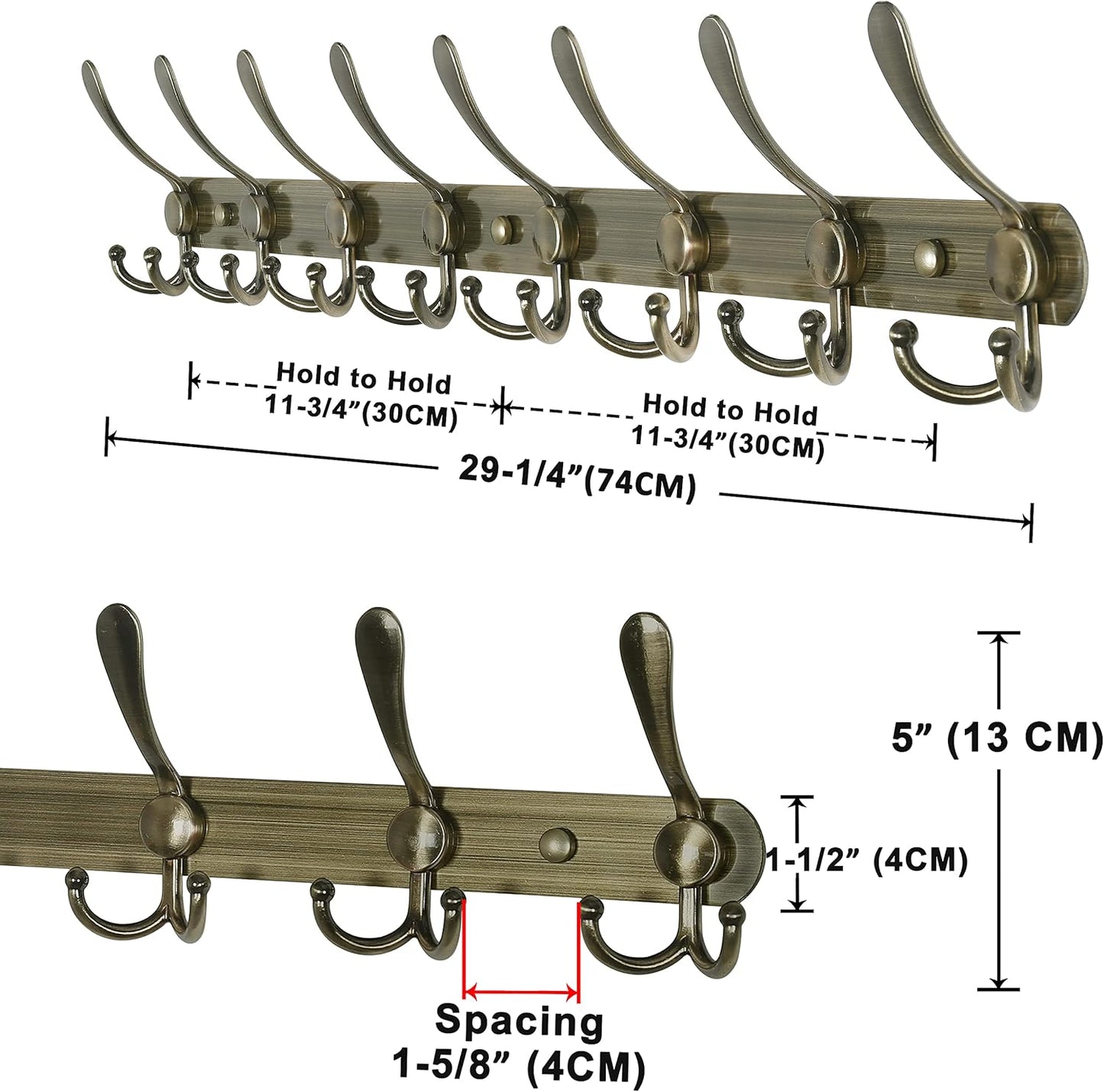 Dseap Coat Rack Wall Mount - 29.5” Long 8-Tri-Hooks Heavy Duty Coat Hanger Rail Wall Hooks for Hanging Coats Hats Clothing Clothes Purse Mudroom Entryway, Bronze