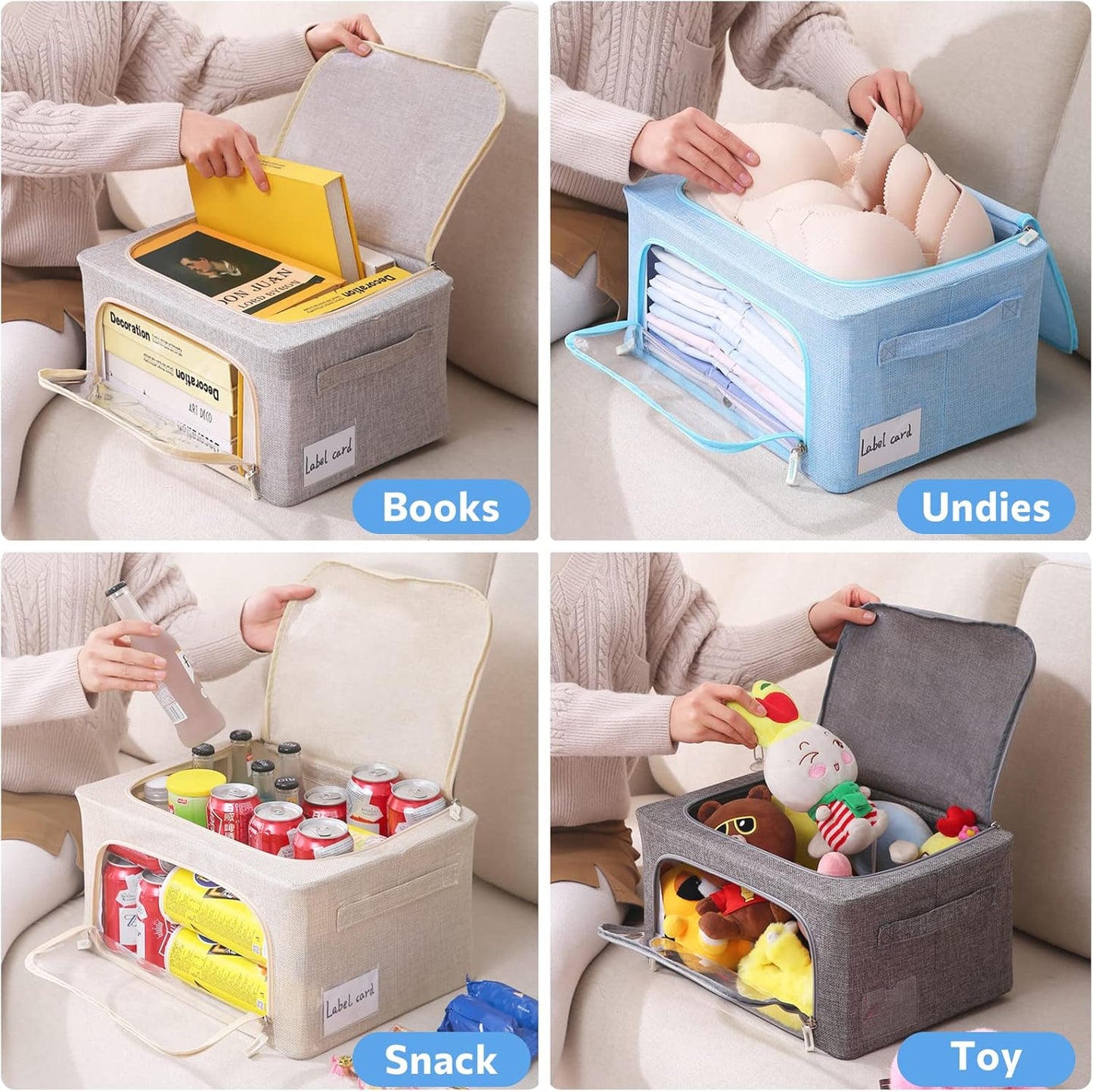 CYhom Clothes Storage Bins Box - Foldable Stackable Container Organizer Set with Clear Window & Carry Handles & Metal Frame - 2Pack Large Capacity for Bedding, Blankets, Books