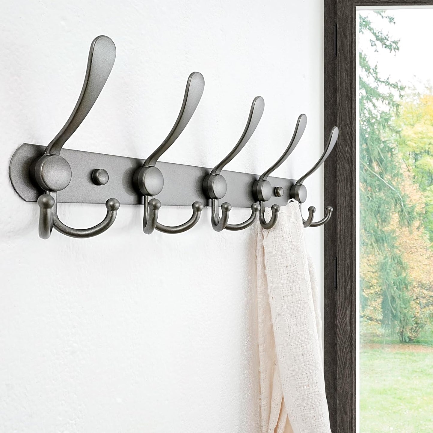 Dseap Coat Rack Wall Mounted - 5 Tri Hooks, Heavy Duty, Stainless Steel, Metal Coat Hook Rail for Coat Hat Towel Purse Robes Mudroom Bathroom Entryway (Grey, Pack of 2)