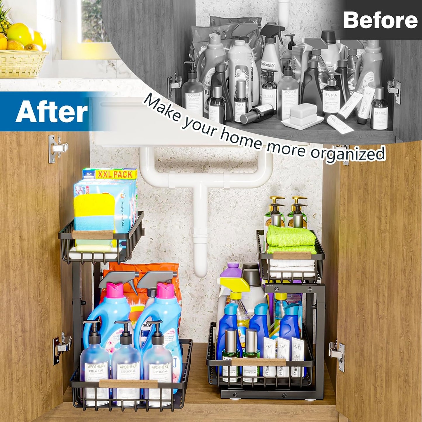 Under Sink Organizers, 2 Tier Pull Out Under Cabinet Organizer，Height Adjustable Pull Out Cabinet Drawers, Metal Sliding Drawer for Kitchen Bathroom Pantry Cabinet Closet Organization Rack，1 Pack