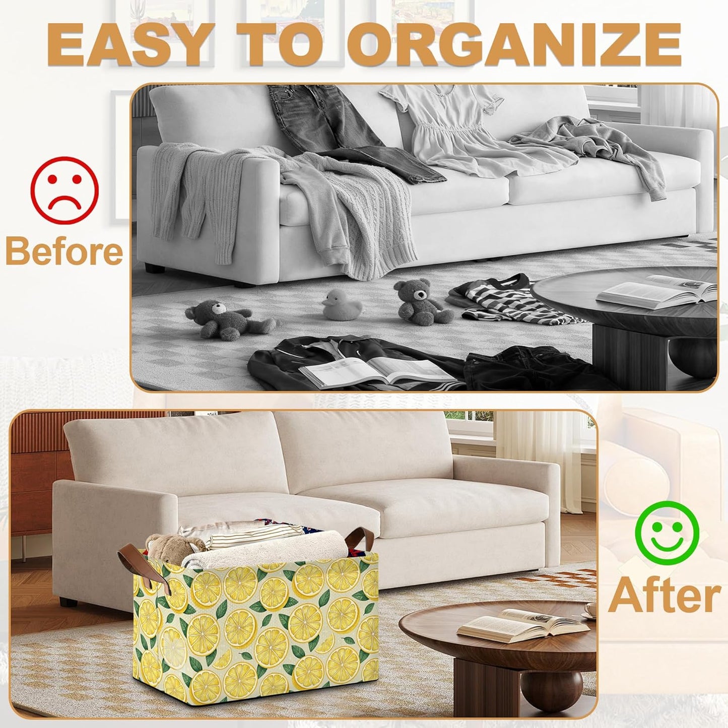 Lemon Storage Bin with Handles, Basket Storage Organizer for Shelves, Closet, Nursery, Book, Laundry Hamper & Home Decor