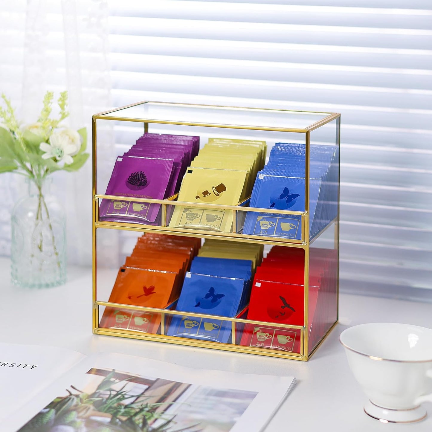 Glass Tea Bag Organizer for Counter, 2-Tier Teabag Organizer Storage Holder for Tea Bags, Glass Caddy Box Containers, Rack Teabag Station Stand for Cabinet Kitchen, 2-Tier, Gold