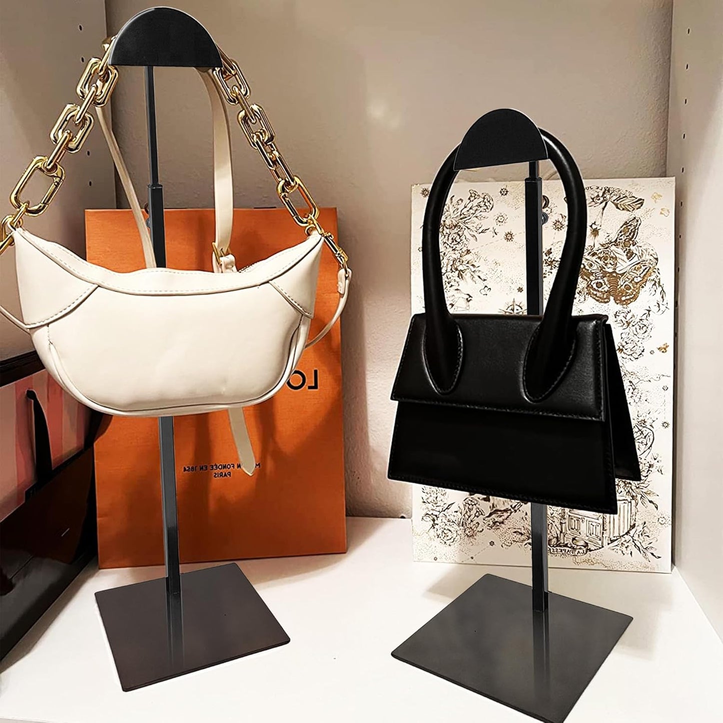 Royxen 3 Pack Handbag Rack Stainless Steel with Adjustable Height, Purse Display Stand, Black