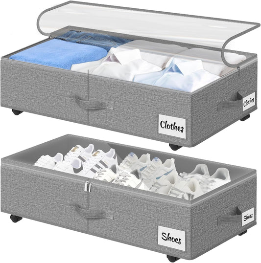 Under Bed Storage with Wheels, 2-Pack 6.7" Height XL 50L Rolling Storage Bins, Quick Assembly Underbed Shoe Storage Containers with Clear Lid & Label, Dorm Under bed Drawers for Clothes, Shoes, Grey