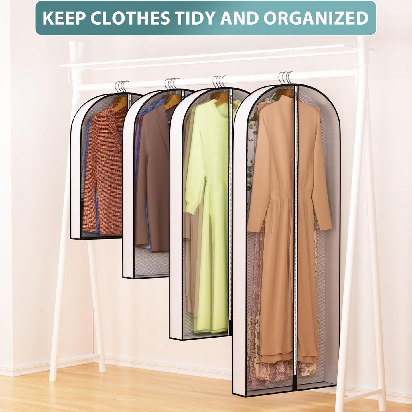 60” Garment Bags for Hanging Clothes 4” Gusseted - with Clear Window, Breathable Fabric, Metal Zipper, Suit Coat Long Dress Protector for Clothes Closet storage, Season Off, Moving, 5 Pack