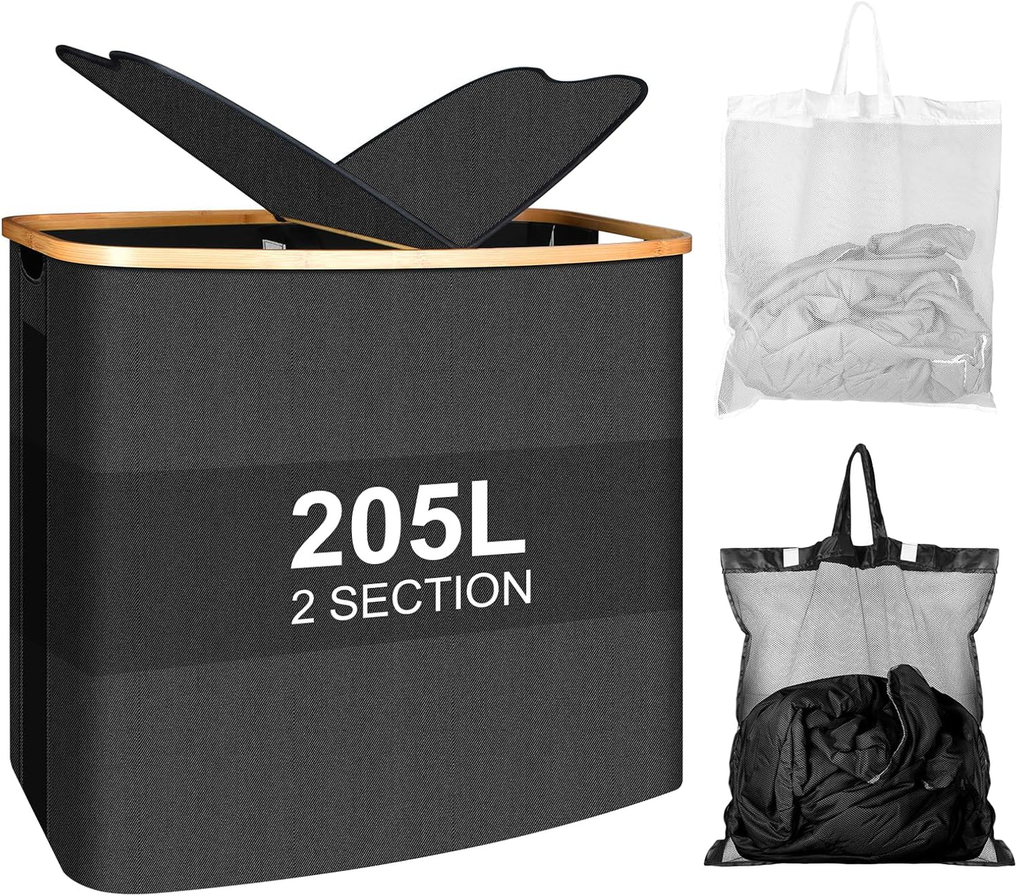 Large Laundry Hamper with Lid 205L,Collapsible 2-Section Dirty Clothes Basket Organizer for Bathroom, Bedroom & Laundry Room - Waterproof, Easy Sort, Foldable Storage Solution