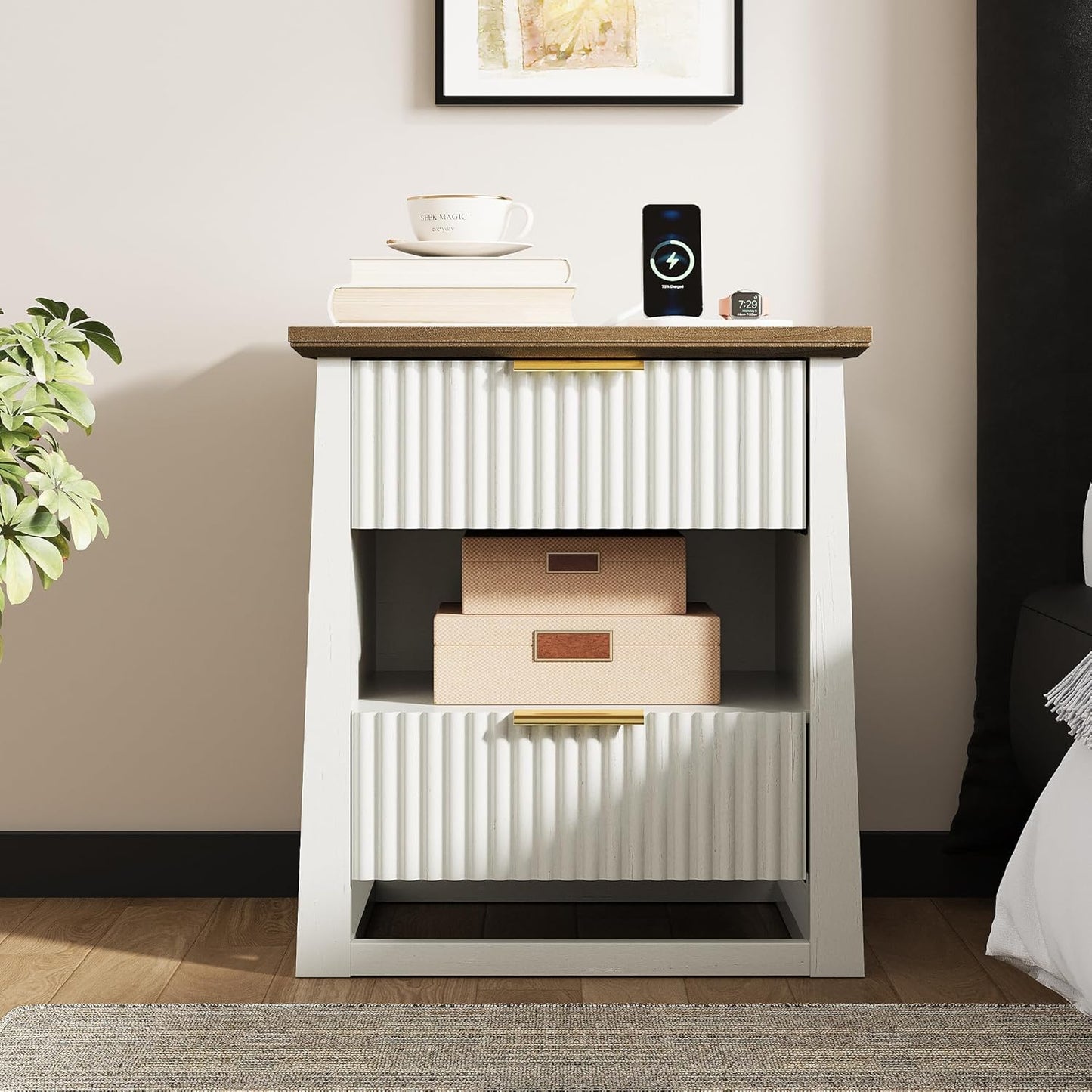 HIFYOBRO Fluted Nightstands with Charging Station & Motion Sensor Light, Modern Bedside Tables with 2 Drawers and Storage Shelf for Bedroom, White
