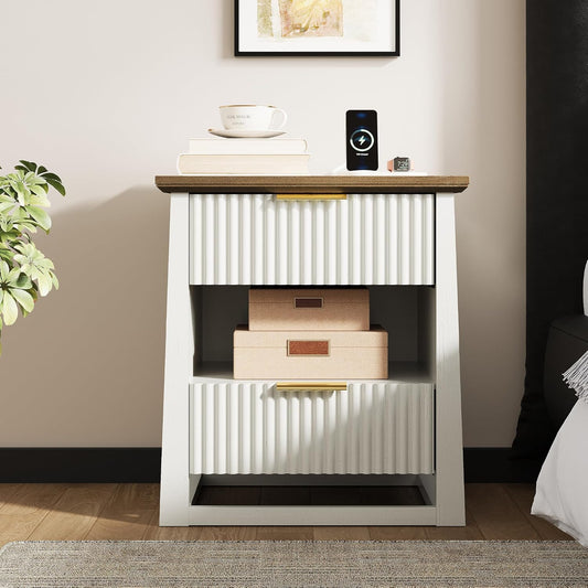 HIFYOBRO Fluted Nightstands with Charging Station & Motion Sensor Light, Modern Bedside Tables with 2 Drawers and Storage Shelf for Bedroom, White