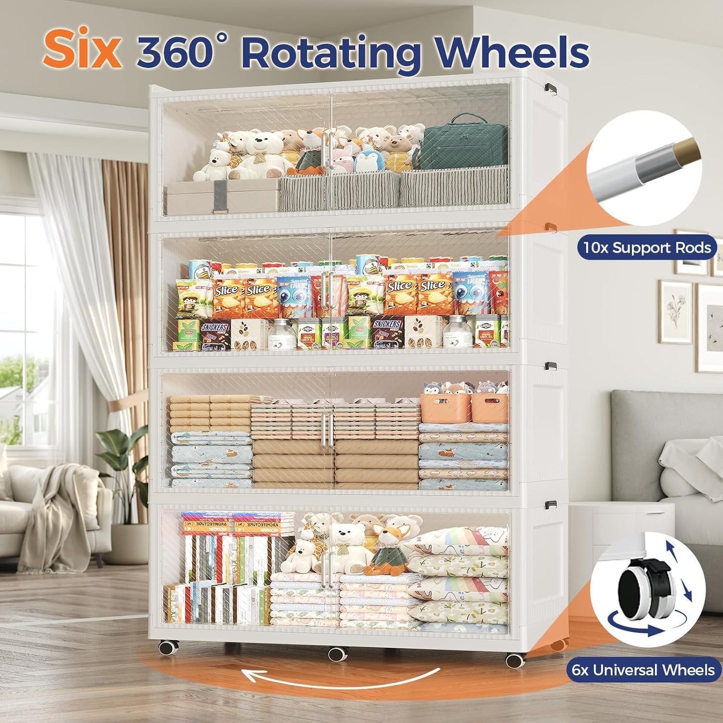 150GAL Extra Large Storage Bins with Lid, 600QT Collapsible Organizer with Wheels, Stackable Closet Cabinet with Doors, Folding Storage Containers for Home, Office, Kitchen, 3Pack White