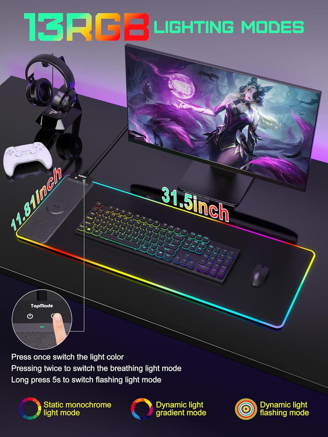 TopMade Mouse Pad with Wireless Charging, 31.5" x 11.81" Large Desk Mat RGB Gaming Mousepad, LED Desk Pad Keyboard Pad, Waterproof Desk Pad (Includes 20W PD Power Adapter & 6.56ft Woven Cable)