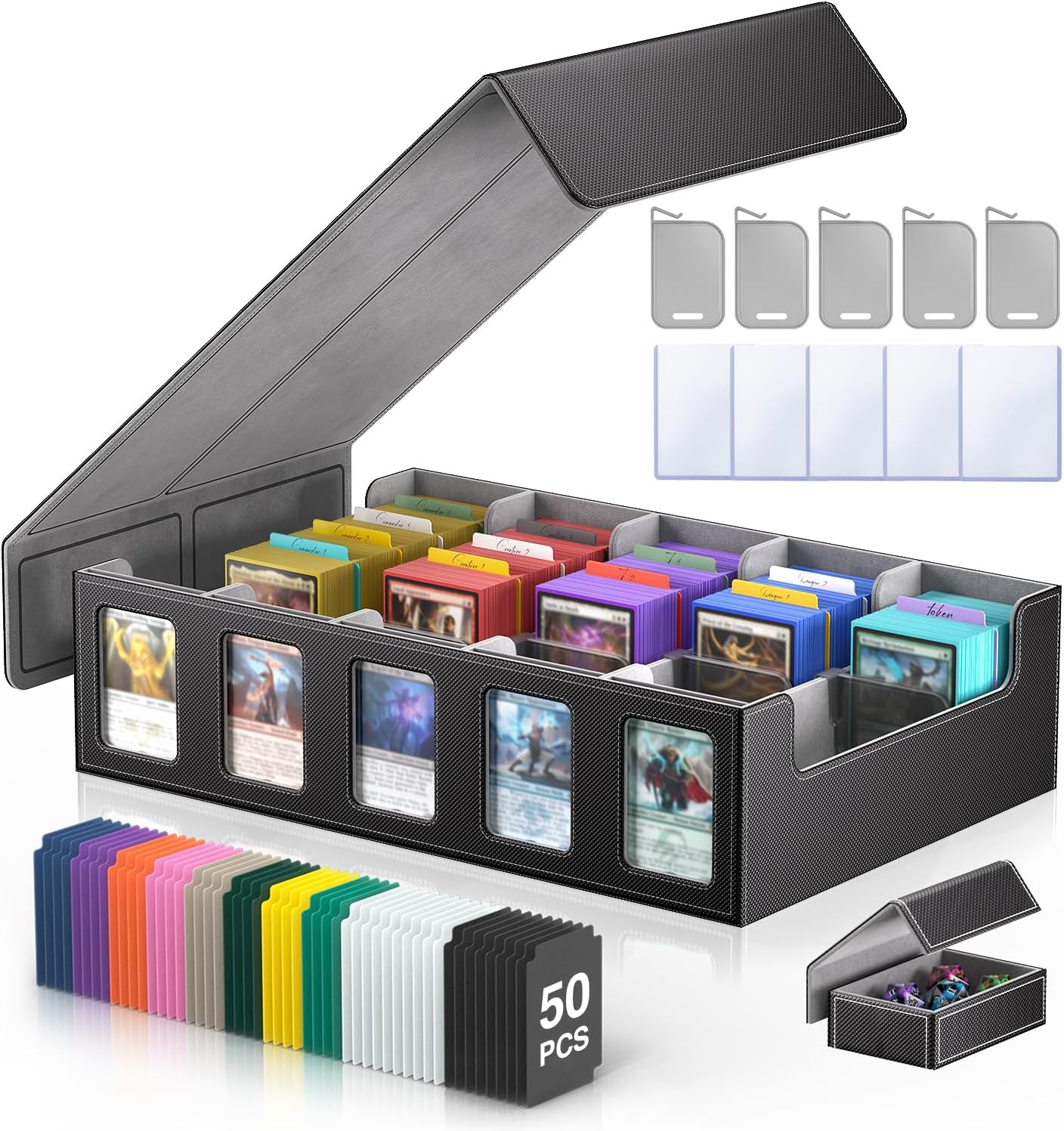 Trading Card Storage Box 5-Row 3900+ Capacity,TCG MTG Card Case with Magnetic Lid & Commander Display,Top Loader Storage for Sports Cards,Includes Dividers Dice Box