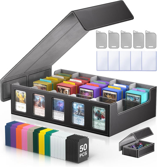Trading Card Storage Box 5-Row 3900+ Capacity,TCG MTG Card Case with Magnetic Lid & Commander Display,Top Loader Storage for Sports Cards,Includes Dividers Dice Box