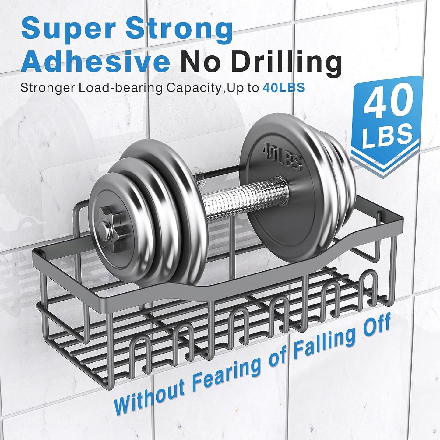 EUDELE 5-Pack Rustproof Stainless Steel Shower Caddy Set– No Drill Adhesive Bathroom Organizer, Space-Saving Shower Shelves for Apartment Essentials, Bathroom/Kitchen Storage Home Decor-L Size